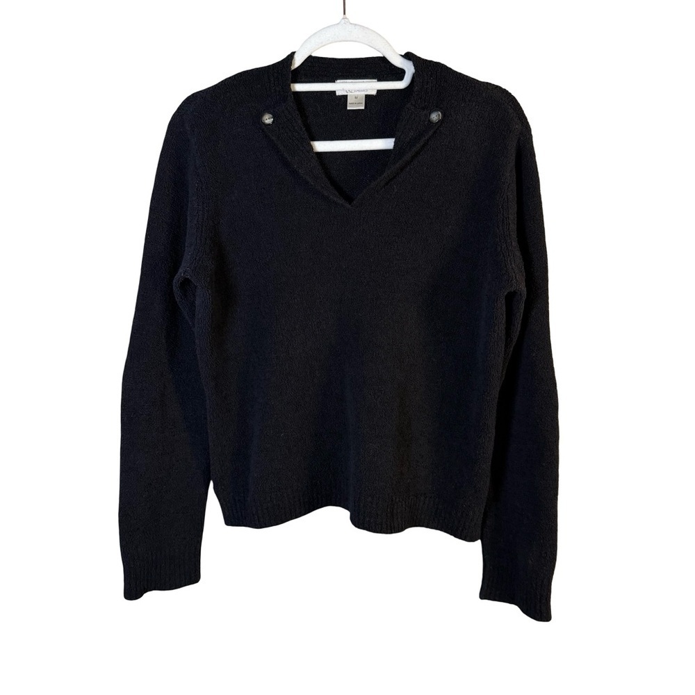 Christopher & Banks Black V-Neck Fuzzy Textured Sweater Size M Cozy Classic